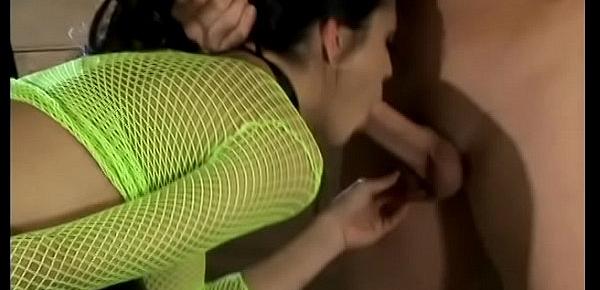  Guy fucks Alicia Angel in green fishnets and heels with tight tits on countertop
